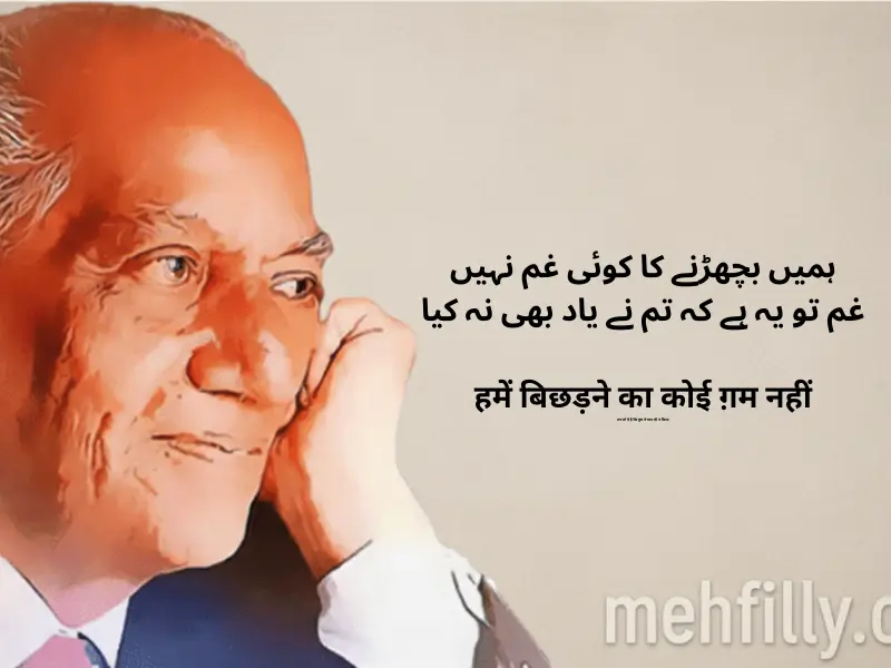 ہمیں بچھڑنے کا کوئی غم نہیں
غم تو یہ ہے کہ تم نے یاد بھی نہ کیا

हमें बिछड़ने का कोई ग़म नहीं
ग़म तो ये है कि तुम ने याद भी न किया