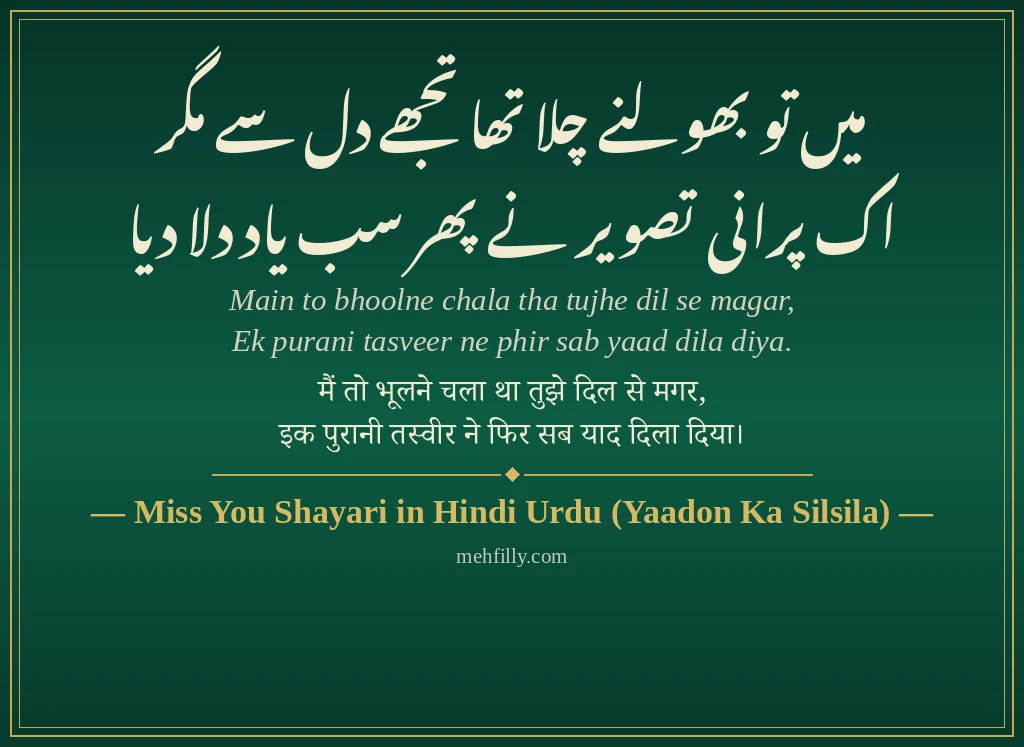 Miss You Shayari by Miss You Shayari in Hindi Urdu (Yaadon Ka Silsila) - Mehfilly